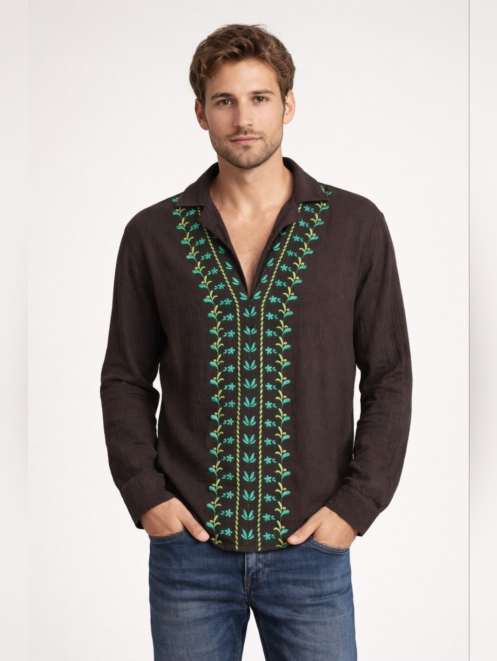 INC International Concepts Men's 100% Cotton Embroidered V-Neck Shirt Black XS
